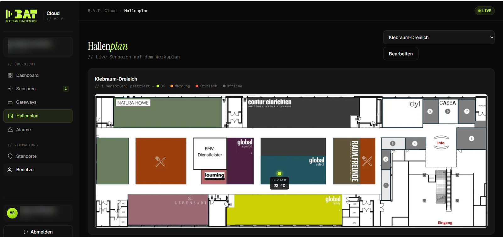 Live-Hallenplan in der BAT Cloud mit farbcodierten Sensor-Pins